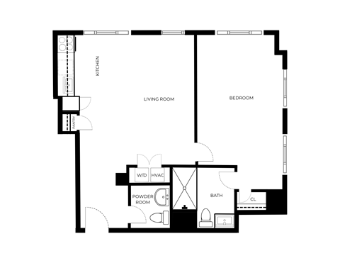 Floor plan for 1 bed, 1 bath, 621 sqft